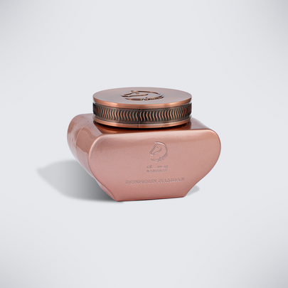 Wide rose copper Dukhoun Hamdan jar with dark ribbed lid, 75 g bakhoor oud from Ramasat