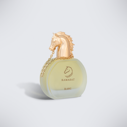 Rawi perfume bottle with gold horse cap on a light backdrop, 75 ml luxury perfume from Ramasat