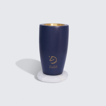 Tall wooden dukhoon burner on white marble disc, Arabic mabkhara oud burner