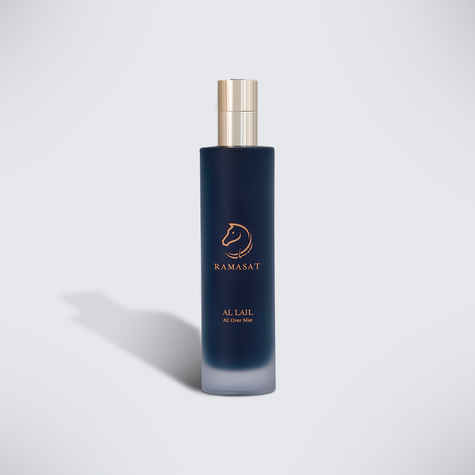 Dark Al Lail bottle with gold cap and soft shadow, 200 ml Ramasat body spray