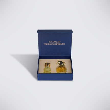 Blue Ramasat gift box holding two perfume bottles, a mini perfume travel gift set